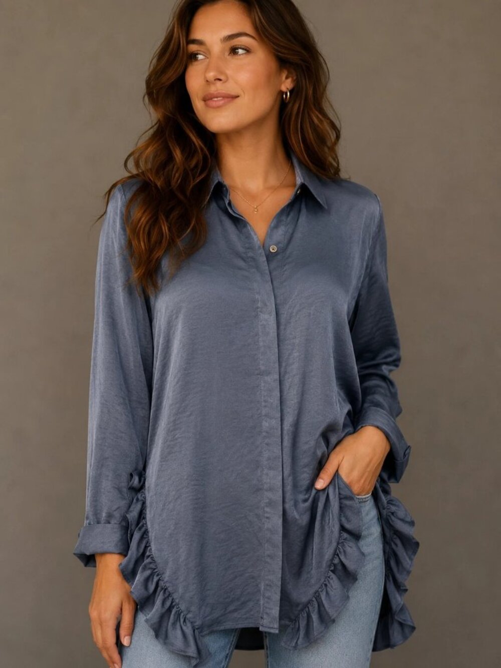 New Sioni Sz M Saks Fancy Blue Button Up Ruffle Tunic Blouse Shirt